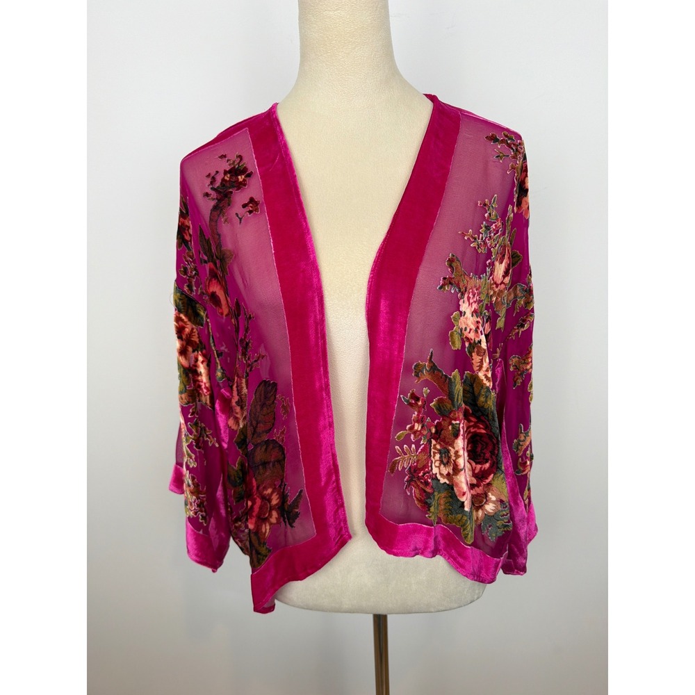 Soft Surroundings Burnout Velvet Silk Blend Kimono S/M Floral Whimsigoth Fairy